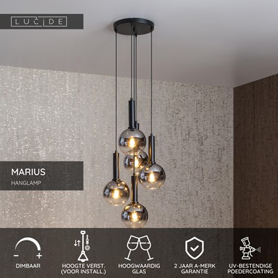 Lucide MARIUS - Hanglamp - Ø 55 cm - 5xE27 - Zwart